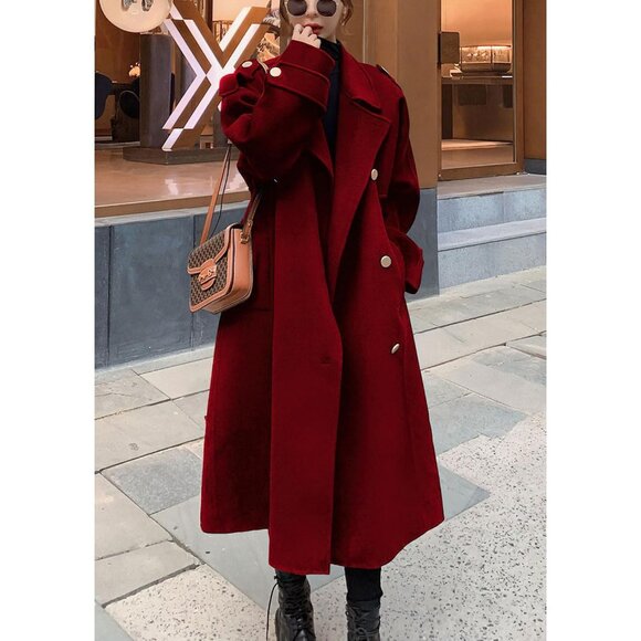 Women's Red Winter Double-Breasted Wool Midi Pea Coat with Notch Lapel Trench - Picture 3 of 5